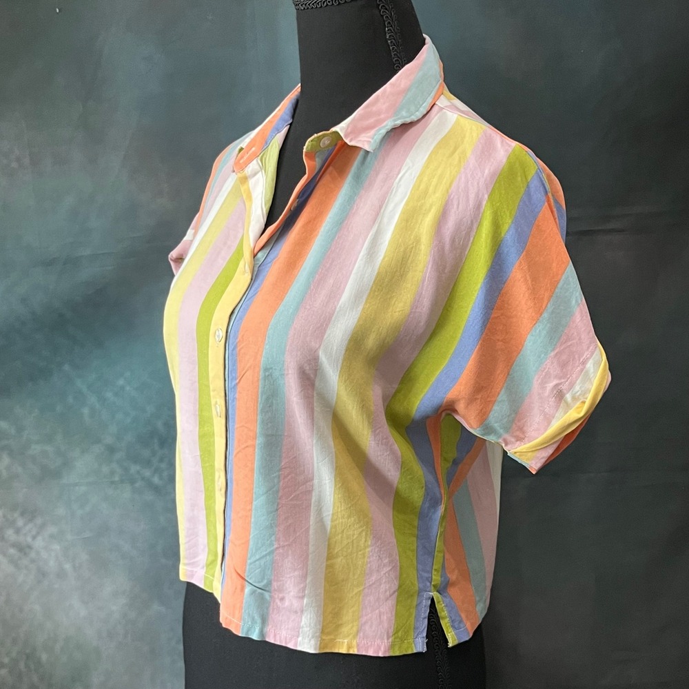 Ginger Womens Pastel Rainbow Striped Button Down Short Sleeve Cropped Shirt S - Picture 2 of 7